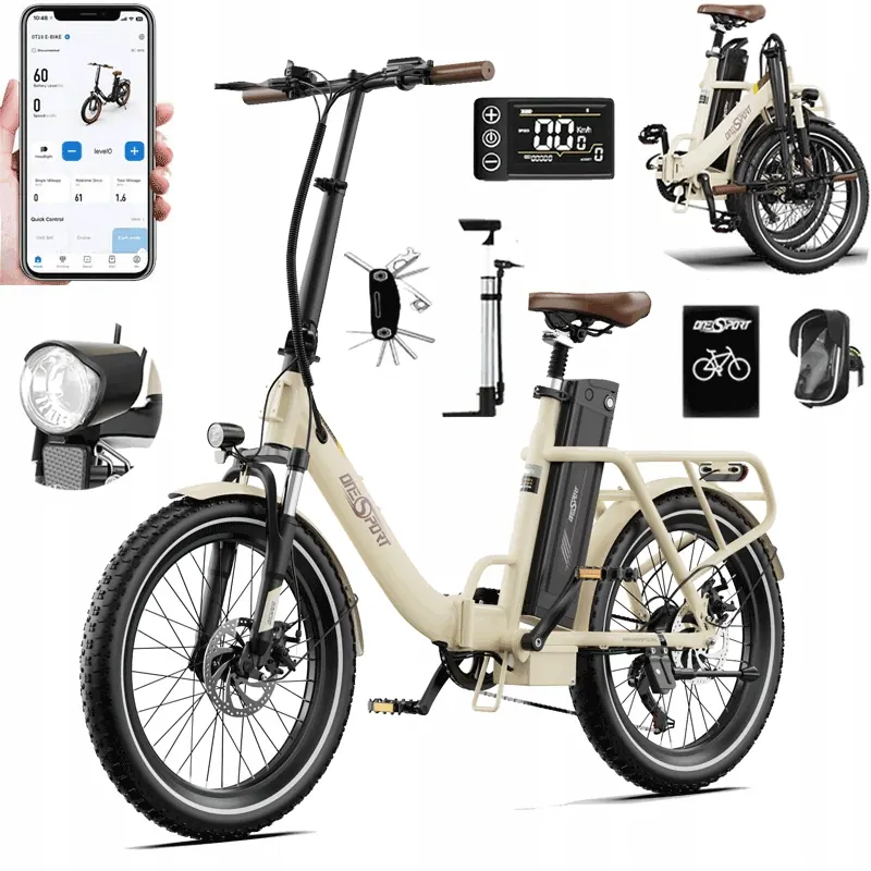 Vista laterale della bici elettrica pieghevole ONESPOT OT16-2 con ruote 20x3.0