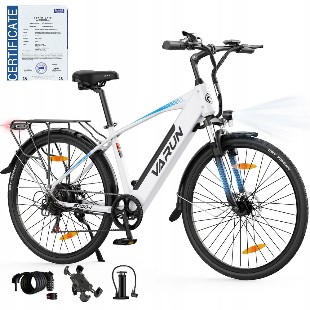 Varun S700-1 bici elettrica bianca 28 pollici con batteria 45km autonomia